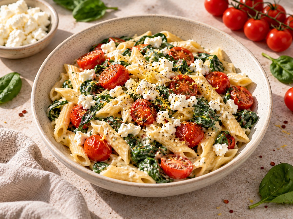 Cremige Pasta mit Spinat und Feta